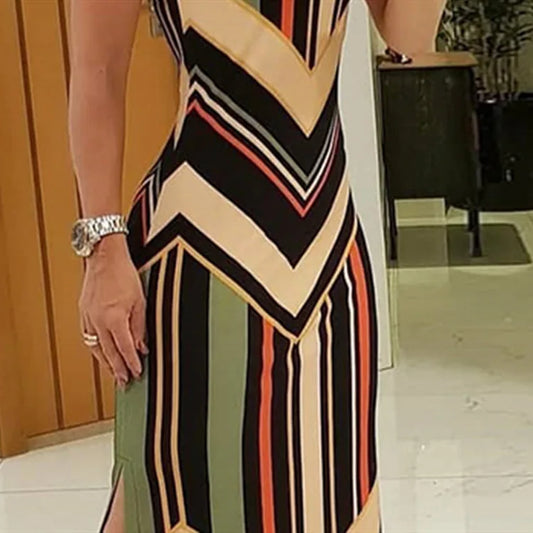 Colorful Striped Print Side Slit Maxi Dress Women Colorblock Sleeveless Slim Long Dresses Summer Streetwear Vestidos Para Mujer