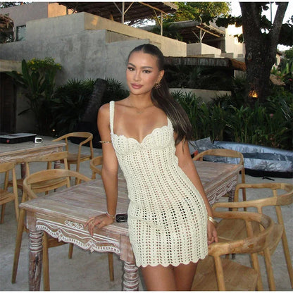 Elegant Knit Women's Summer Dress Elegant Pearl Decoration Square Collar Sleeveless Female Short Dresses Chic Ladies Beach Robe