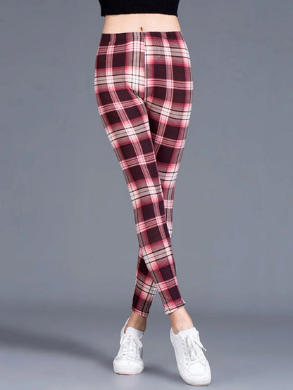 CUHAKCI Female Fitness Leggings Women Print Plaid Leggings Lady Sexy Slim Pencil Pants Push Up Elastic Waist Trousers Wine Red White Grid