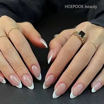 24pcs Nude French Fake Nails White Edge Almond False Nails Art Full Coverage Removable Waterproof Artificial Press on Nail FS-04