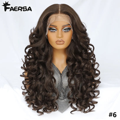 Latisha 13X6 HD Synthetic Lace Front Wigs Curly Pre Plucked Lace Frontal Wig with Bangs for Women Highlight with Babyhair 24Inch Badiee Stylez