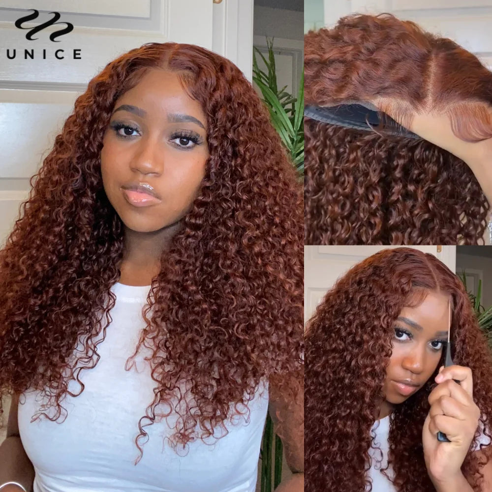 UNice Hair 7x5 Bye Bye Knots Wig Human Hair Reddish Brown Curly Lace Wig Wear Go Glueless Wig Pre Cut Bleached Lace Closure Wig