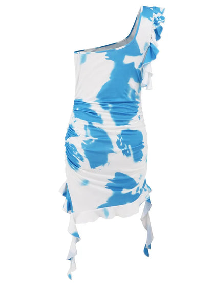 VigoCasey 2025 Summer Female One-shoulder Bodycon Mini Dress Women Sexy Print Short Dress Sleeveless Evening Party Tight Dresses