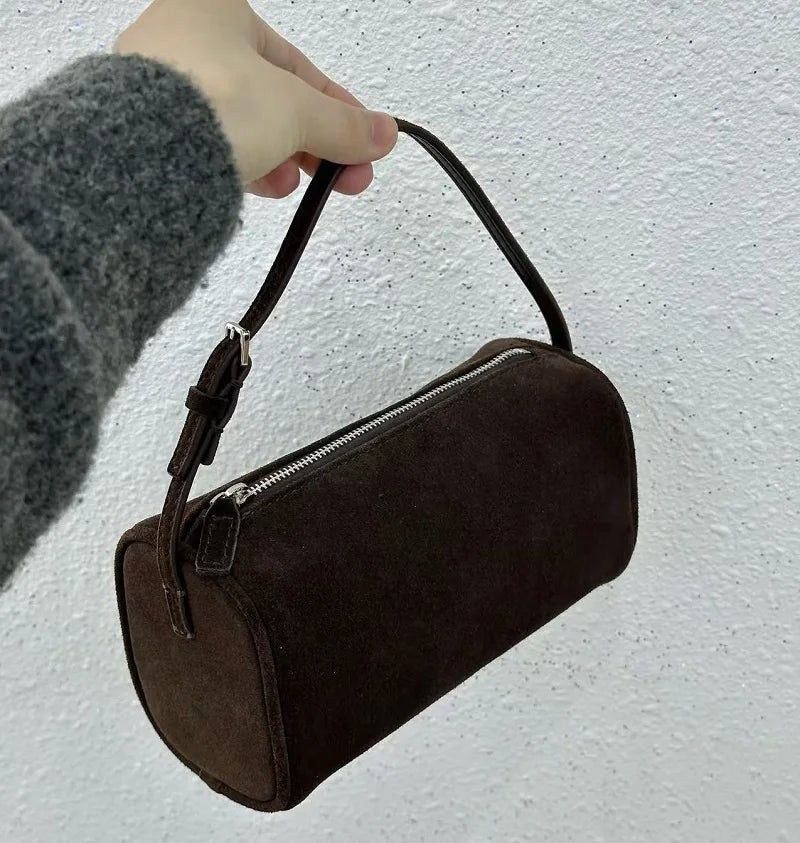 VIELINE Women's Pencil Bag Pillow Bag Genuine Leather Underarm Hobo Bag Day Clutches Ladies Simple Design Mini Purse Coffee Suede 19cmX11cmX8cm