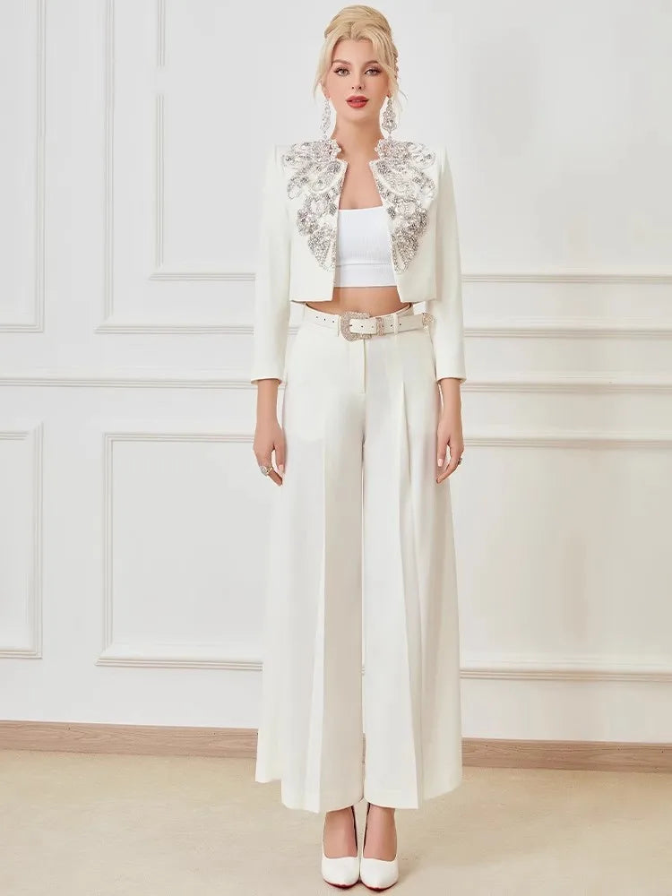 Elegant Office Ladies Designer Handmade Diamonds Slim Fit Short Jacket Hgih Waist Wide Leg Pants Women Two Piece Set Size S-5XL Badiee Stylez