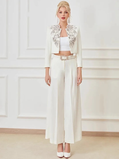 Elegant Office Ladies Designer Handmade Diamonds Slim Fit Short Jacket Hgih Waist Wide Leg Pants Women Two Piece Set Size S-5XL Badiee Stylez