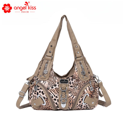 Angelkiss Women Handbags Leopard Bag Top-handle Handbag Fashion Satchel Dumpling Pack Shoulder Bag Tote Bag Hobos Large Purse 21 Brown Leopard