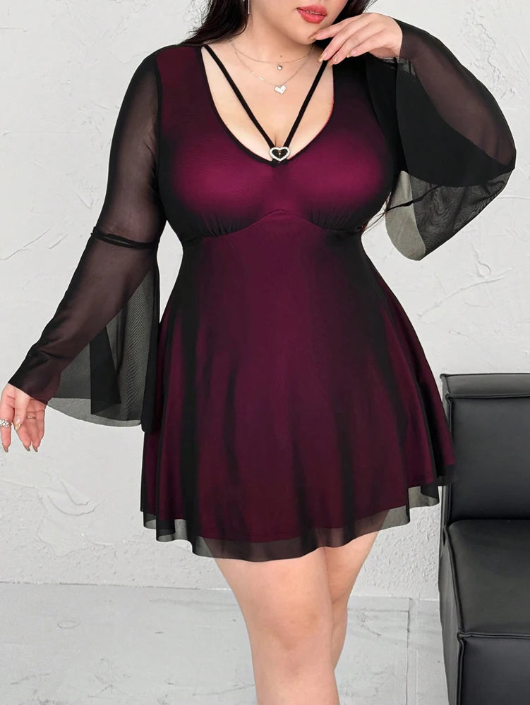 Plus Size 2025 New Sexy Color Crash V Neck Love Heart Flared Sleeve Long Sleeve A Pendulum Dress Short Dress