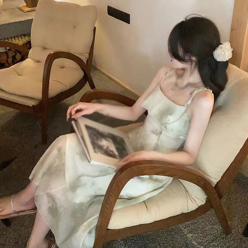 Women's Tie-Dye Floral Sleeveless Halter Dress Summer Waist Slim Long Dress Ruffle Leaf Hem Halter Tenderness Dresses