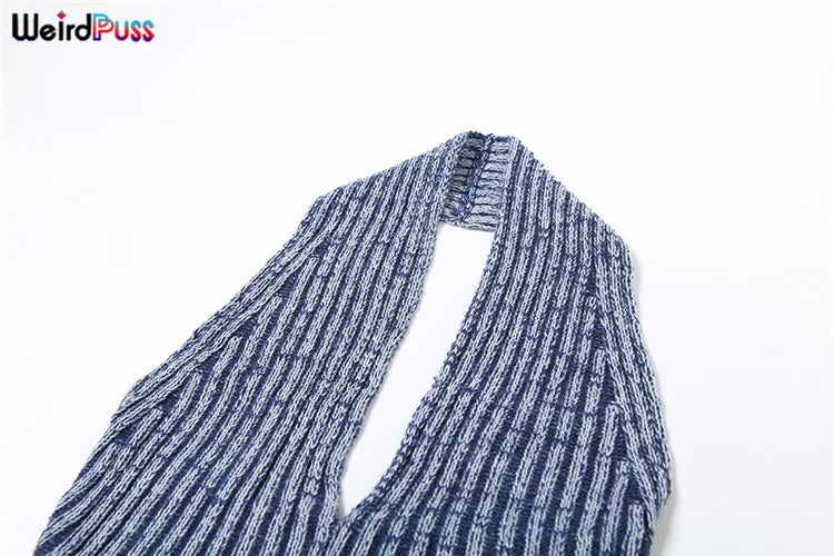 Weird Puss Patchwork Striped Women Casual 2 Piece Set Crochet Halter Low-Neck Vest+Pocket Pants Stretch Skinny Matching Suit Badiee Stylez