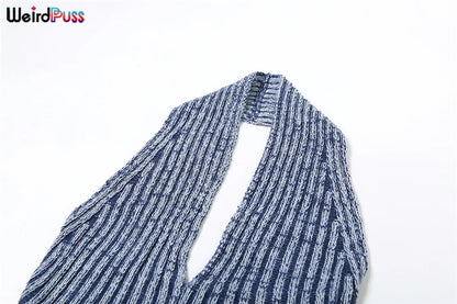 Weird Puss Patchwork Striped Women Casual 2 Piece Set Crochet Halter Low-Neck Vest+Pocket Pants Stretch Skinny Matching Suit Badiee Stylez