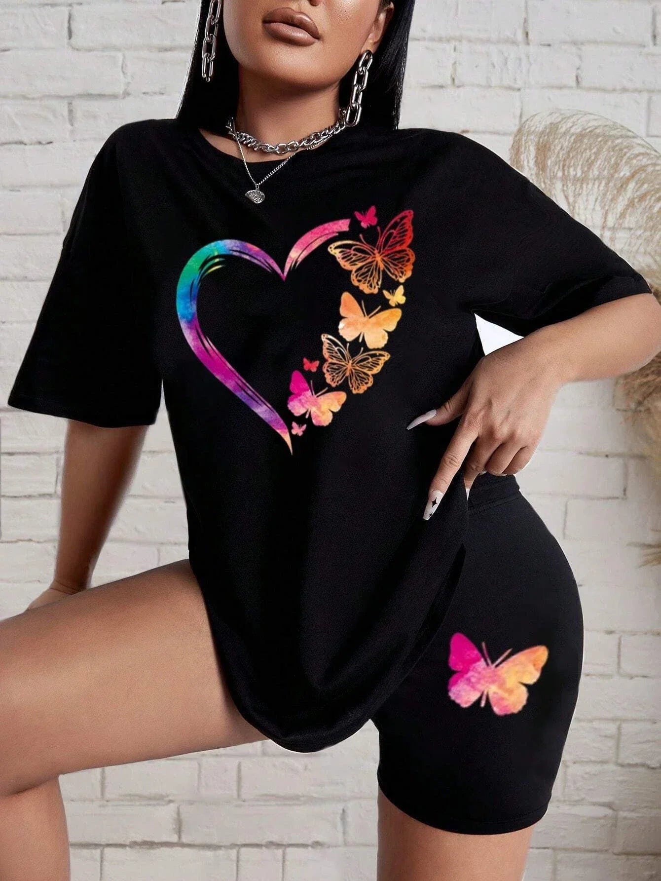 The Love Strung Together By Butterflies Printing Women T Shirts Two Piece Set Fashion Short Sets Comfortable Basic Shirt Shorts Badiee Stylez