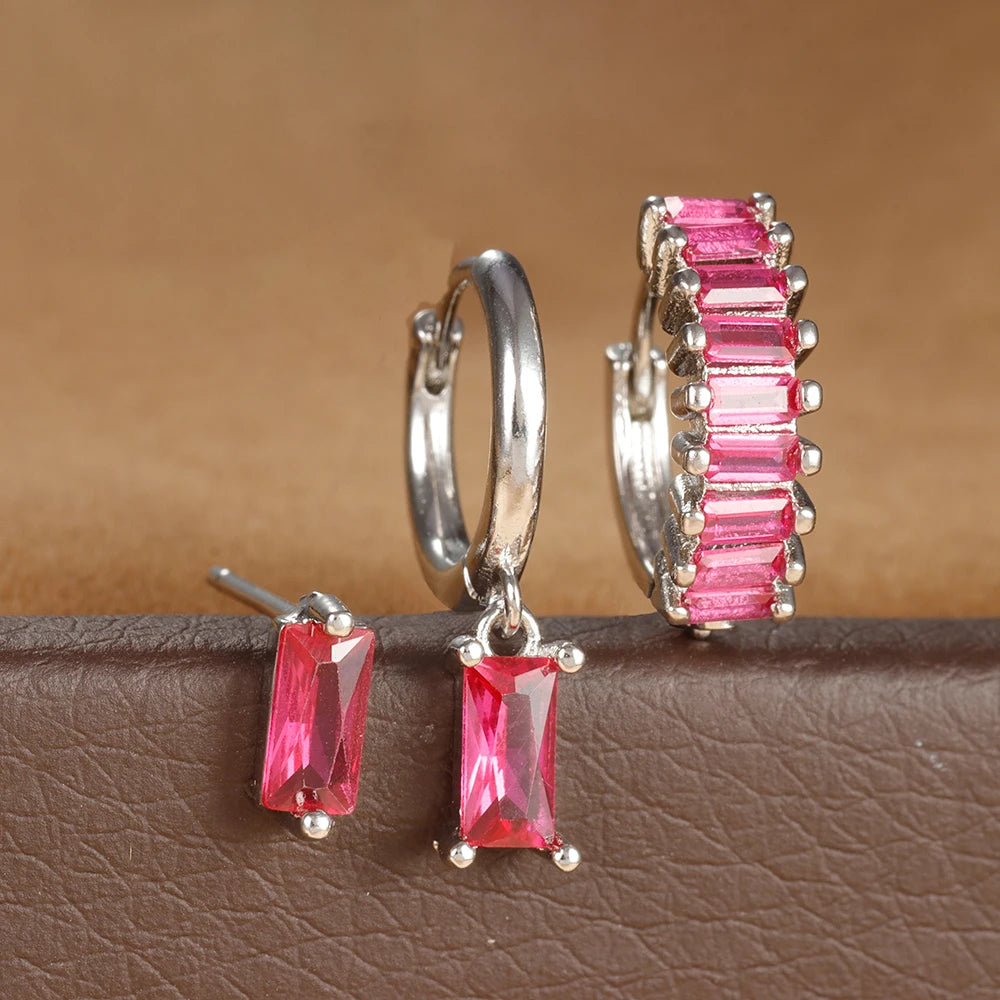 3PCS Stainless Steel Square Earrings Sets for Women Vintage Zircon Pendant Geometry Round Circle Hoop Earrings Piercing Jewelry Silver-Red-3pcs