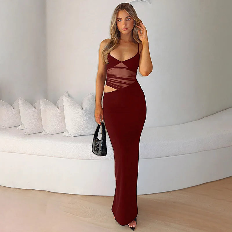 Mesh Thin Shoulder Strap Women's Plus Size Dress Sexy High Street Low Collar Patch Long Robe Women's Party Vest