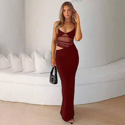 Mesh Thin Shoulder Strap Women's Plus Size Dress Sexy High Street Low Collar Patch Long Robe Women's Party Vest