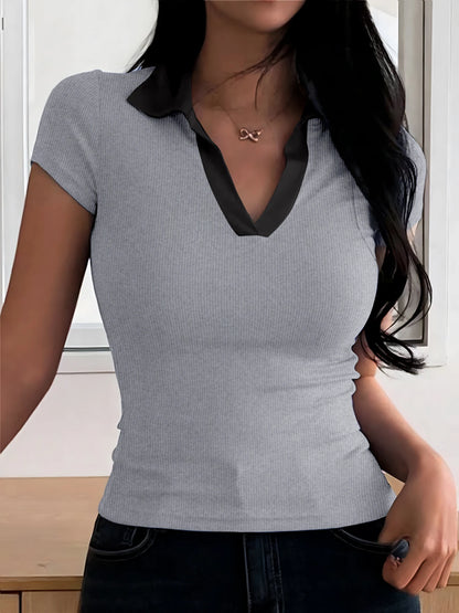 Summer Women's Color Collision POLO Shirt Slim Casual Solid Color Women's Tops Home Workwear V-neck Short-sleeved T-shirt Female GRAY