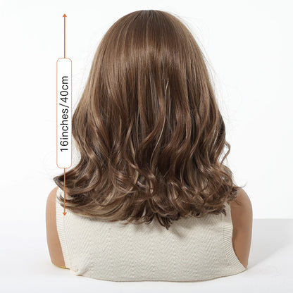 Honey Brown Synthetic Wig Short Wavy Wigs with Medium Part Bangs Cosplay Daily Lolita Curly Hair Wigs for Women Heat Resistant Badiee Stylez