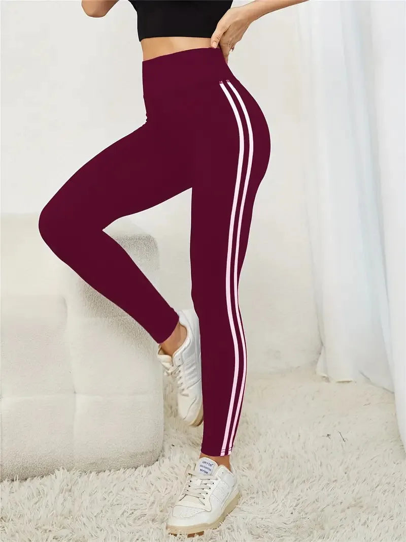 Women's High-waist Slimming Leggings Side Stripe Pattern Breathable Yoga Pants Sportswear Athletic Apparel