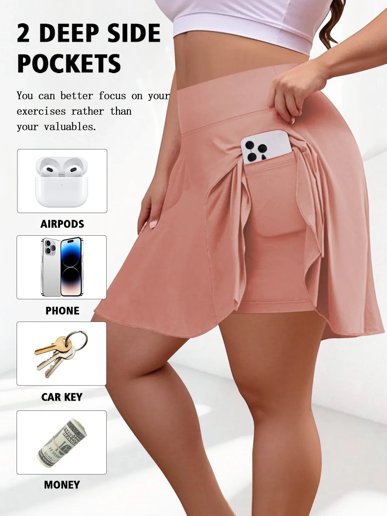 Plus Size Women with Pocket Short Skirt Fitness Short Skirt High Waist Fashion 200lbs Sports Short Skirt Gym Outdoor Solid Skirt