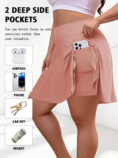 Plus Size Women with Pocket Short Skirt Fitness Short Skirt High Waist Fashion 200lbs Sports Short Skirt Gym Outdoor Solid Skirt