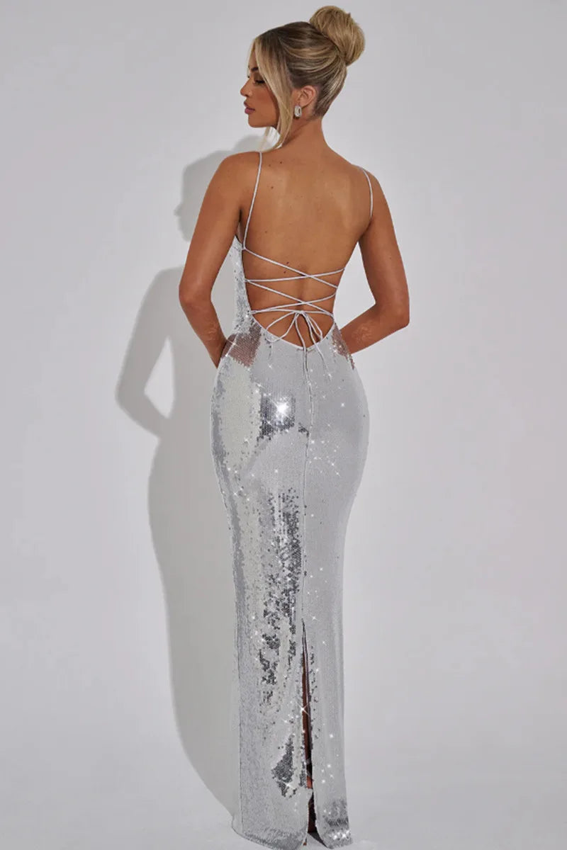 Sexy Sequin Backless Bandage Long Dress Women's Shiny Sleeveless Luxury Silver Dresses Evening Prom Party Birthday Gold Cocktail
