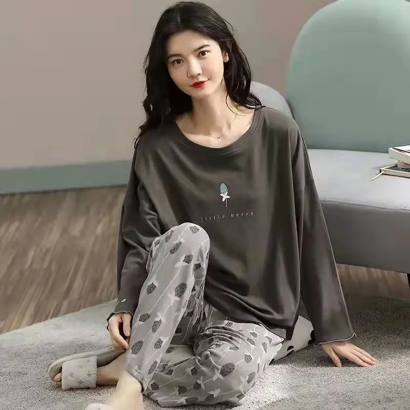 New Ladies Pajamas Loungewear Set Women's Spring and Autumn Style Long Sleeved Autumn Winter Loungewear Women's Plus Size Pajama Grey