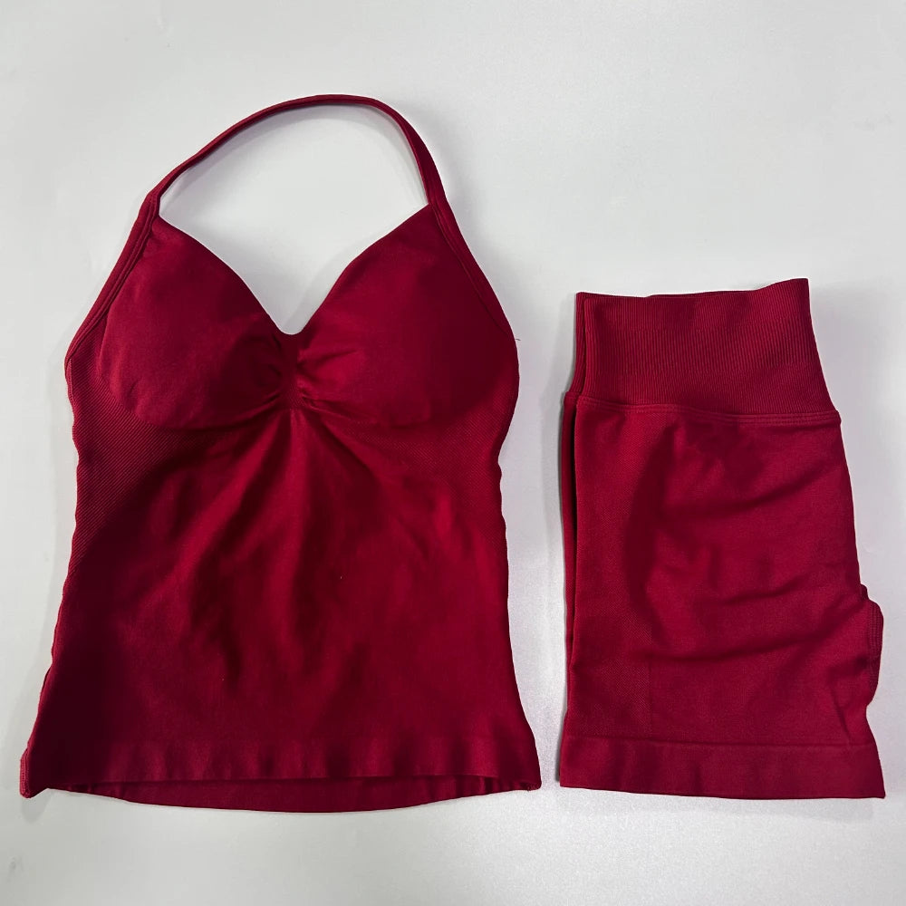 No Logo 2Pcs Gym Set Women Backless Tank Tops High Waist Scrunch Seamless Shorts Gym Suit Fitness Clothes Activewear Workout Set Badiee Stylez