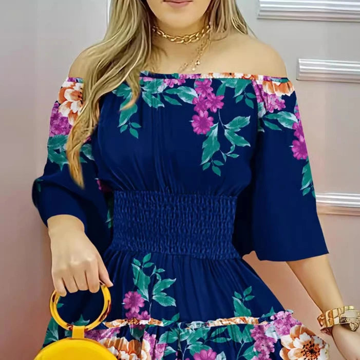 Women's Elegant Floral Print One Shoulder High Waist Dress Temperament Commuting 2024 Summer New Female Fashion A-Line Dresses