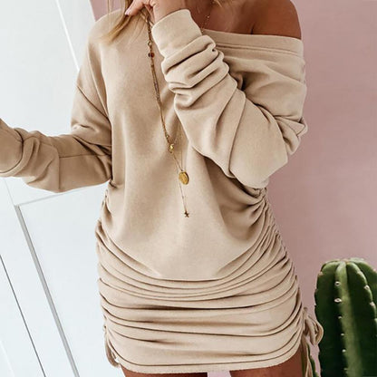 Off Shoulder Ruffled Drawstring Sexy Robe Autumn Pure Women Long Sleeve Mini Pencil Dress Sweatshirt Streetwear Dresses Female
