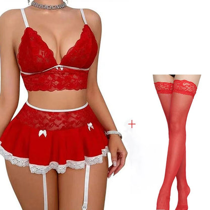 Lace Bra And Panty Set With Garter+Stockings Crotchless Lace Transparent Bra Exotic Sets Sexy Thong Cosplay Sexy Costumes red with socks