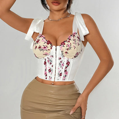 Spring Summer New Lace Floral Embroidery Top Trendy Short Crop Buttoned Tube Bustier 60730 Polyester Blend Women's Vest