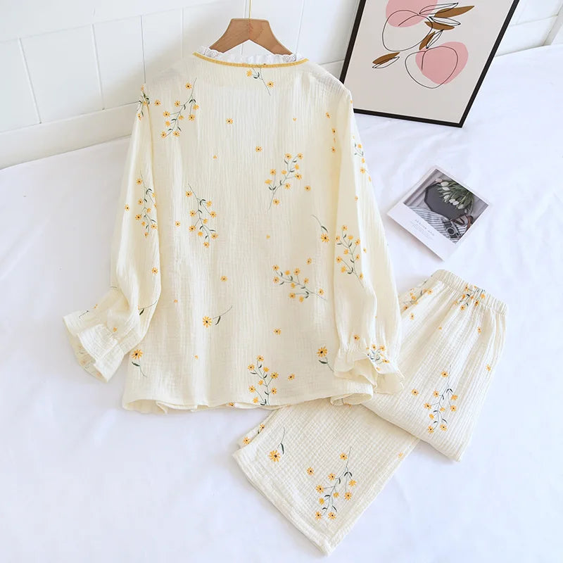 Fdfklak 2025 Spring Crepe Kimono Long Sleeve Home Clothes Female Sleepwear Gauze Cotton V-Neck Home Suit Women's Pajama