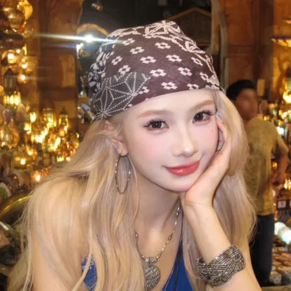 Y2k Bandana Cotton Floral Print Neckerchief Women Korean Cotton Linen Square Scarf Elegant Neck Scarves Small Wraps Bandana