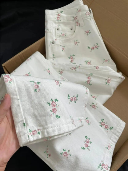 White floral straight jeans women's early autumn new thin loose high waist covered Joker slim casual wide-leg pants. jeans