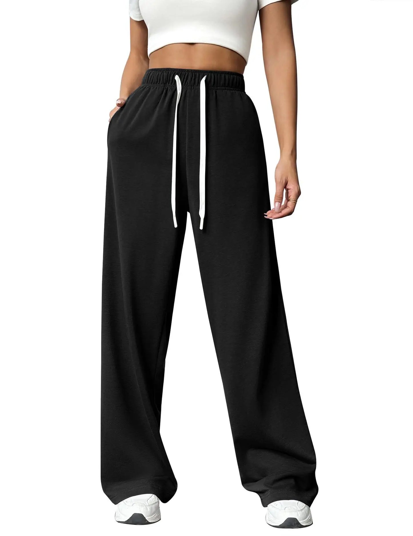 Casual Wide Leg Sports Pants for Women Casual Straight Leg Loose Solid Color Elastic Drawstring High Waisted Wide Leg Pants black