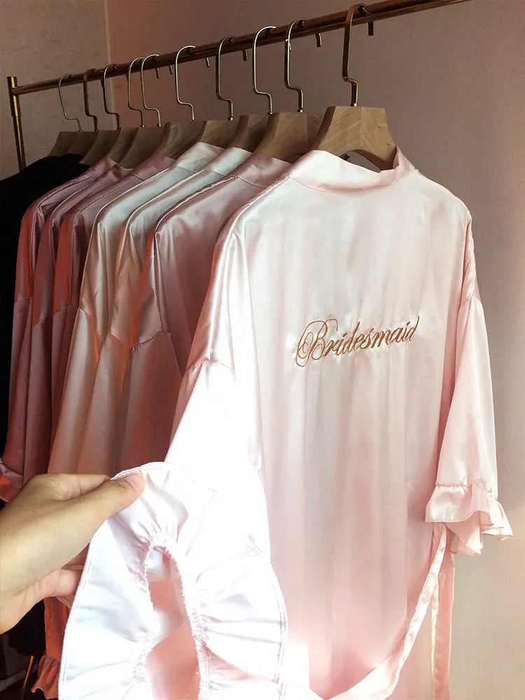 Personalized Embroidered Robe Ruffle Bridesmaids Silk Robes Bride Wedding Day Embroider Kimono Customizable Elements Kimono Robe