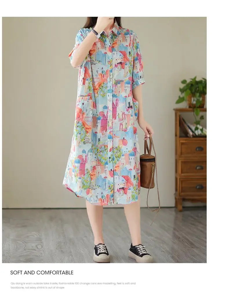 Fashionable Cartoon Printed Short-sleeved Shirt Skirt for Women in Summer Loose Dress