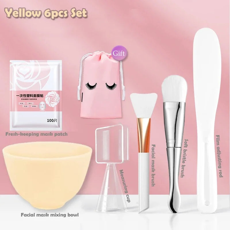 Silicone Face Mask Mixing Bowl Set Mixing Stick Spa Tool Beauty Salon Bowl Spoon Mask Mud Film Brush Silicone Facial Skincare Yellow-6pcs