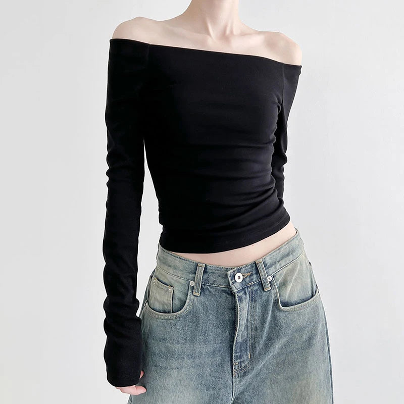 Black Solid Slash Neck Elegant Long Sleeve Tops Korean Fashion Slim Sexy Cropped T Shirt Women Fall Clothing