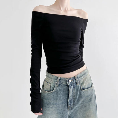 Black Solid Slash Neck Elegant Long Sleeve Tops Korean Fashion Slim Sexy Cropped T Shirt Women Fall Clothing