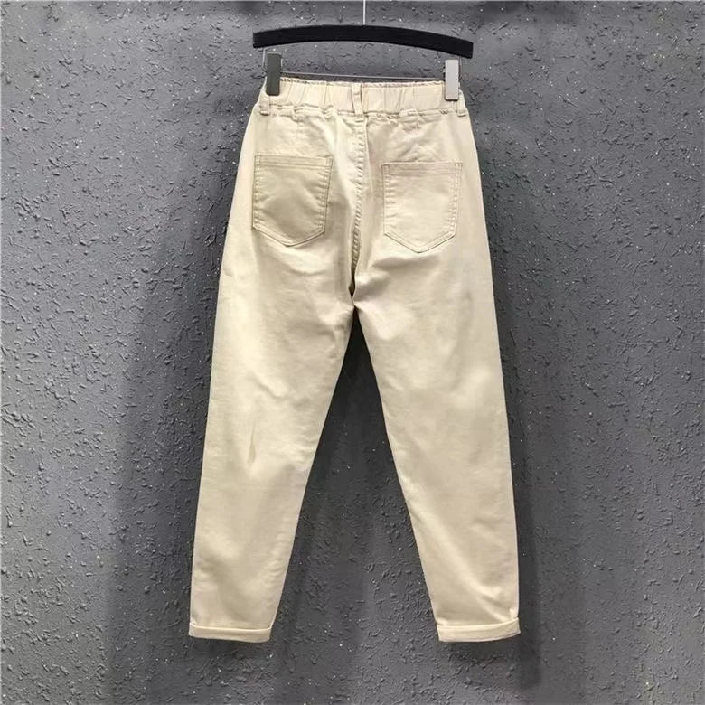 New Spring Summer Women Casual Harem Pants All-matched Casual Cotton Denim Pants Elastic Waist Solid Yellow White Jeans Female