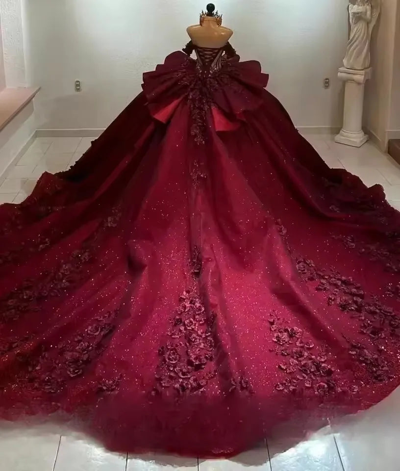 ANGELSBRIDEP Glittering Burgundy Quinceanera Dress Beading Lace Flower Birthday Party Court Train Vestidos De 15 Anos Customized Badiee Stylez