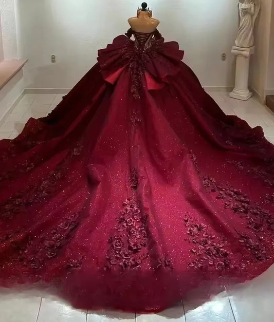 ANGELSBRIDEP Glittering Burgundy Quinceanera Dress Beading Lace Flower Birthday Party Court Train Vestidos De 15 Anos Customized Badiee Stylez