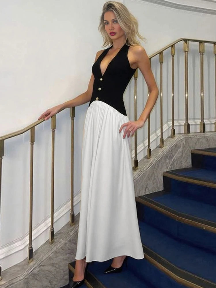 Patchwork Stripe Button Elegant Stretch Skinny French Maxi Bodycon Sexy Halter Dress Women Backless Low Chest Lace-Up Overalls