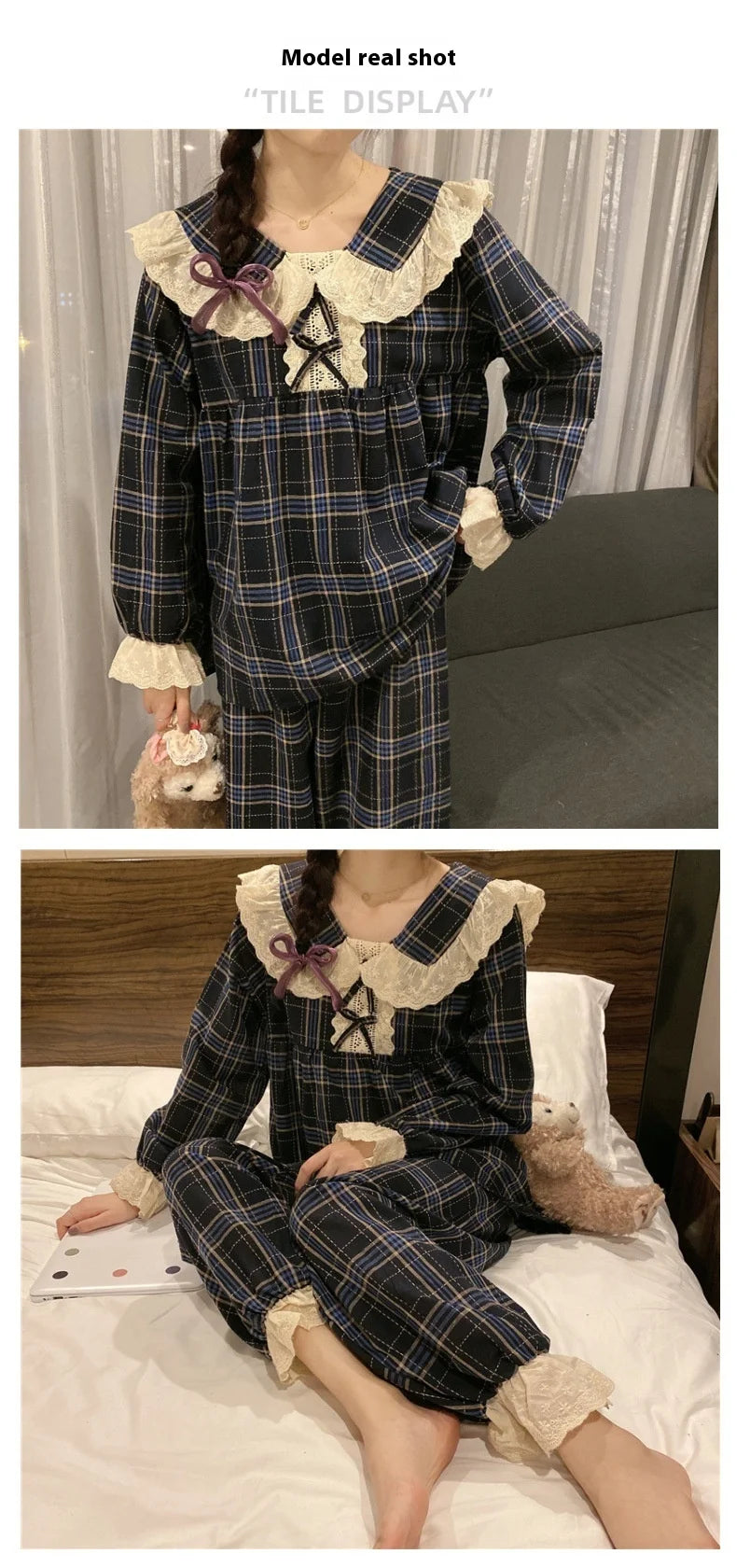 Spring and Autumn New Women's Pajamas Homewear Suit Female Court Style Doll Collar Japanese Girl Plaid Autumn and Winter Homewea