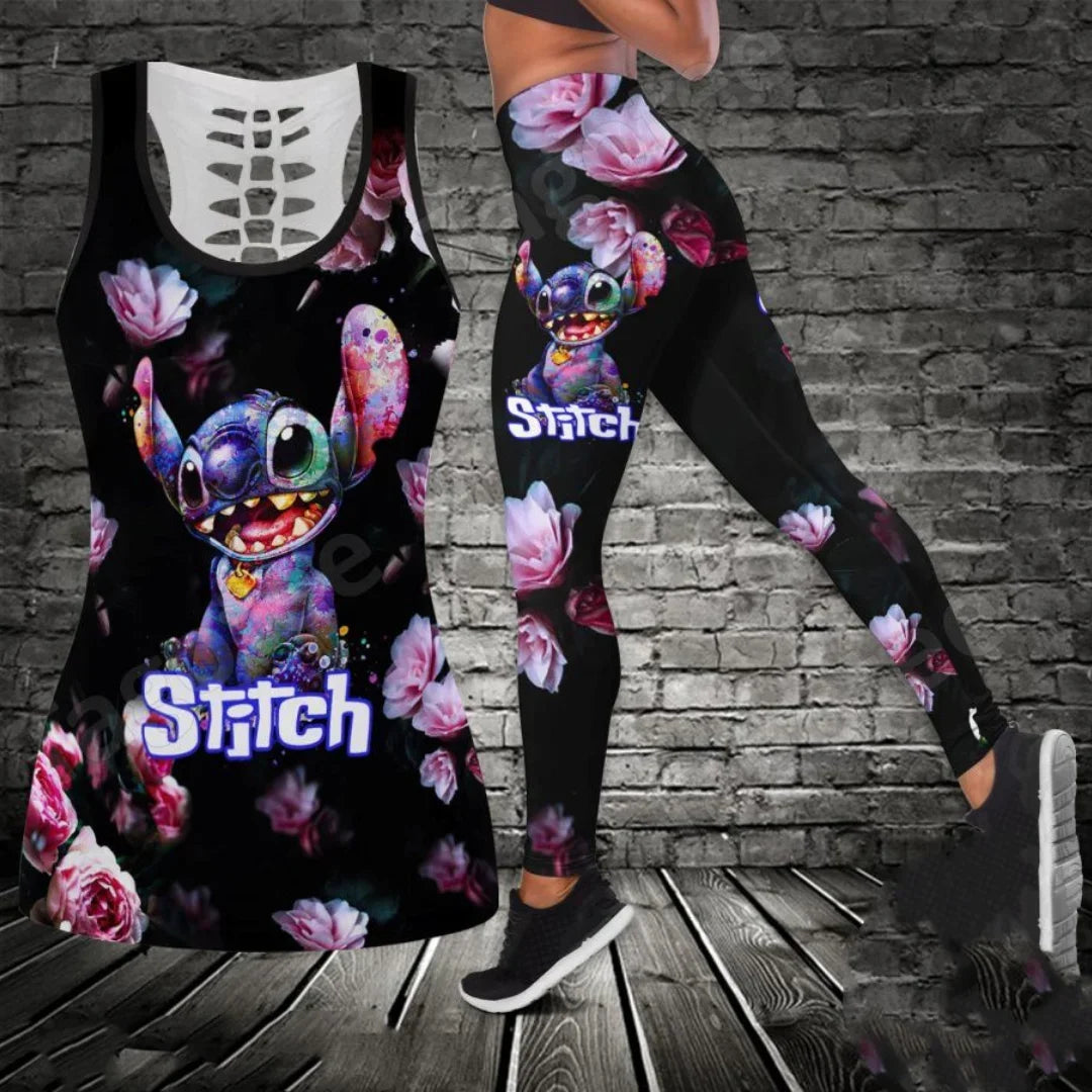 2024 Disney Stitch Women's Hollow Tanktop Yoga Set Summer Fitness Leggings Tracksuit Disney Cutout Tank Top Leggings Set 5
