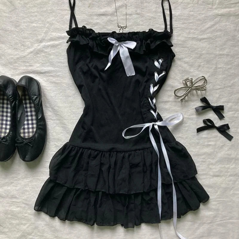 Grunge Punk Gothic Fairycore Emo Girls Dress Sexy Slim Lace Chic Fashion Aesthetic Women's Dresses Harajuku Retro Y2K Streetwear Black 4