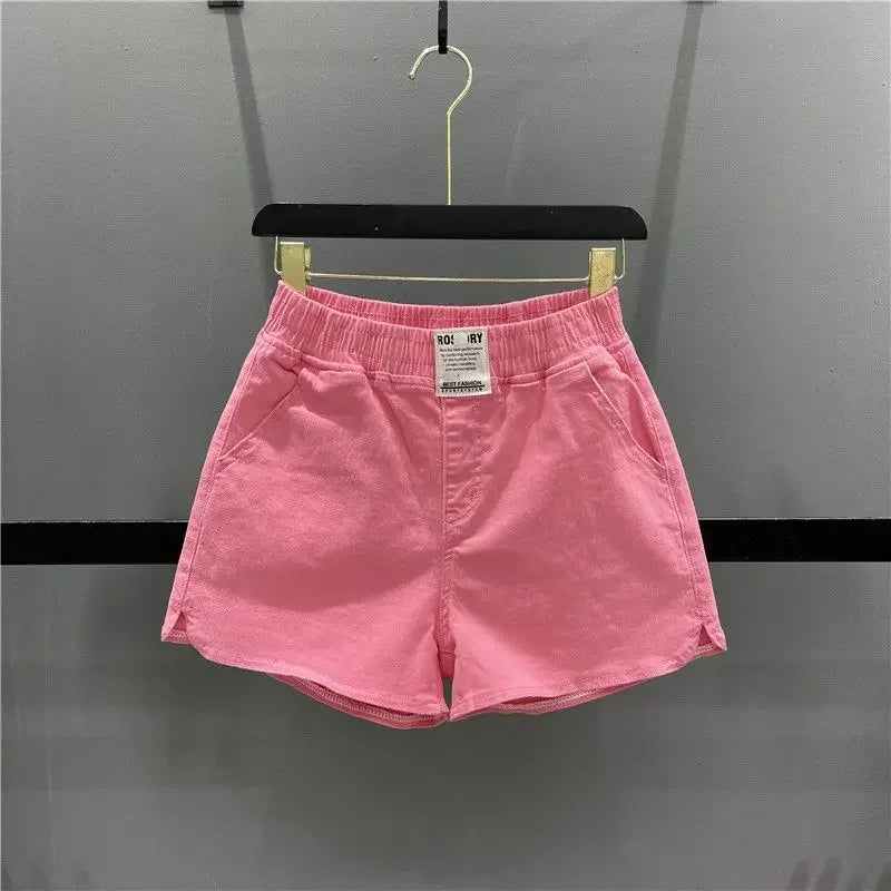 Fashionable Summer 300kg Candy Color Labeled Elastic Waist Casual Shorts Women's Loose Fit A- line Bell Bottoms Pink