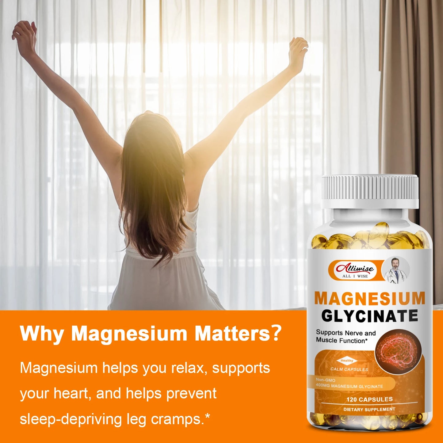 Magnesium Glycinate Supplement 400mg Magnesium with Vitamin D3 & B6 Supports Bone, Memory, Calm, Mood & improve Sleep, 120pcs