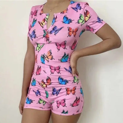 Sexy Playsuits Women Sleepwear Buttons V-neck Bodycon Short Romper Jumpsuit Leotard Printed Short Sleeve Summer Bodysuits Female I